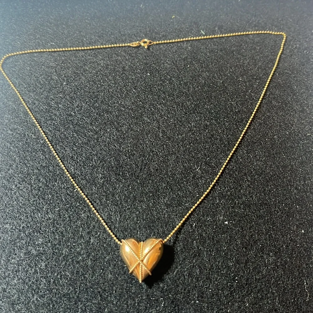 14K Puffed Gold Heart Necklace on Beaded 
Chain - Picture 4 of 6